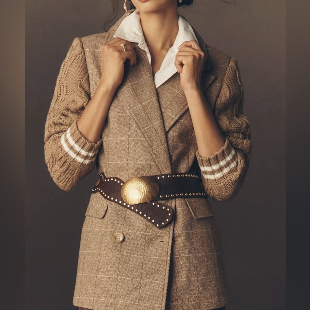 Avec Les Filles Tan Plaid Blazer with Cable Knit Sleeves - Picture 5 of 6